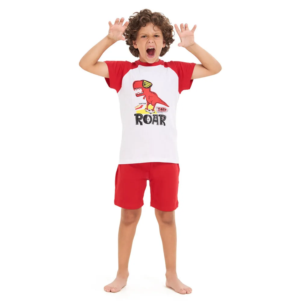 Boys summer pajama set red dinosaur t-shirt  Red shorts