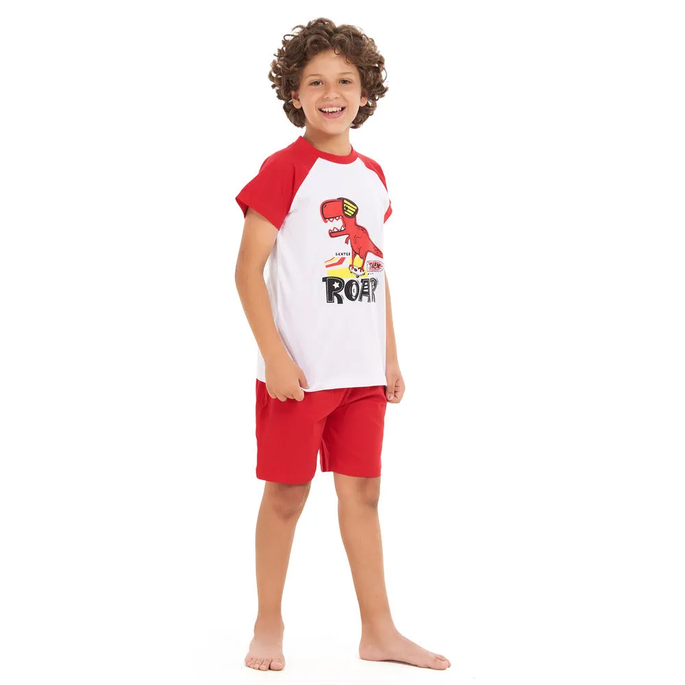 Boys summer pajama set red dinosaur t-shirt  Red shorts