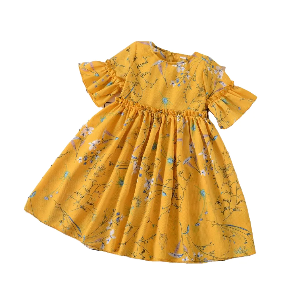 Casual Flare Sleeve Floral Print Girls Kids Dresses