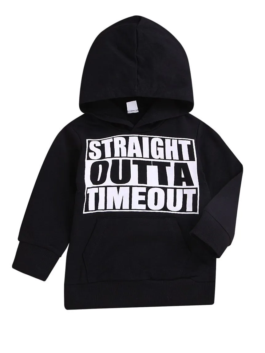 Cool STRAIGHT OUTTA TIMEOUT Letters Print Black Hoodie Sweatshirt