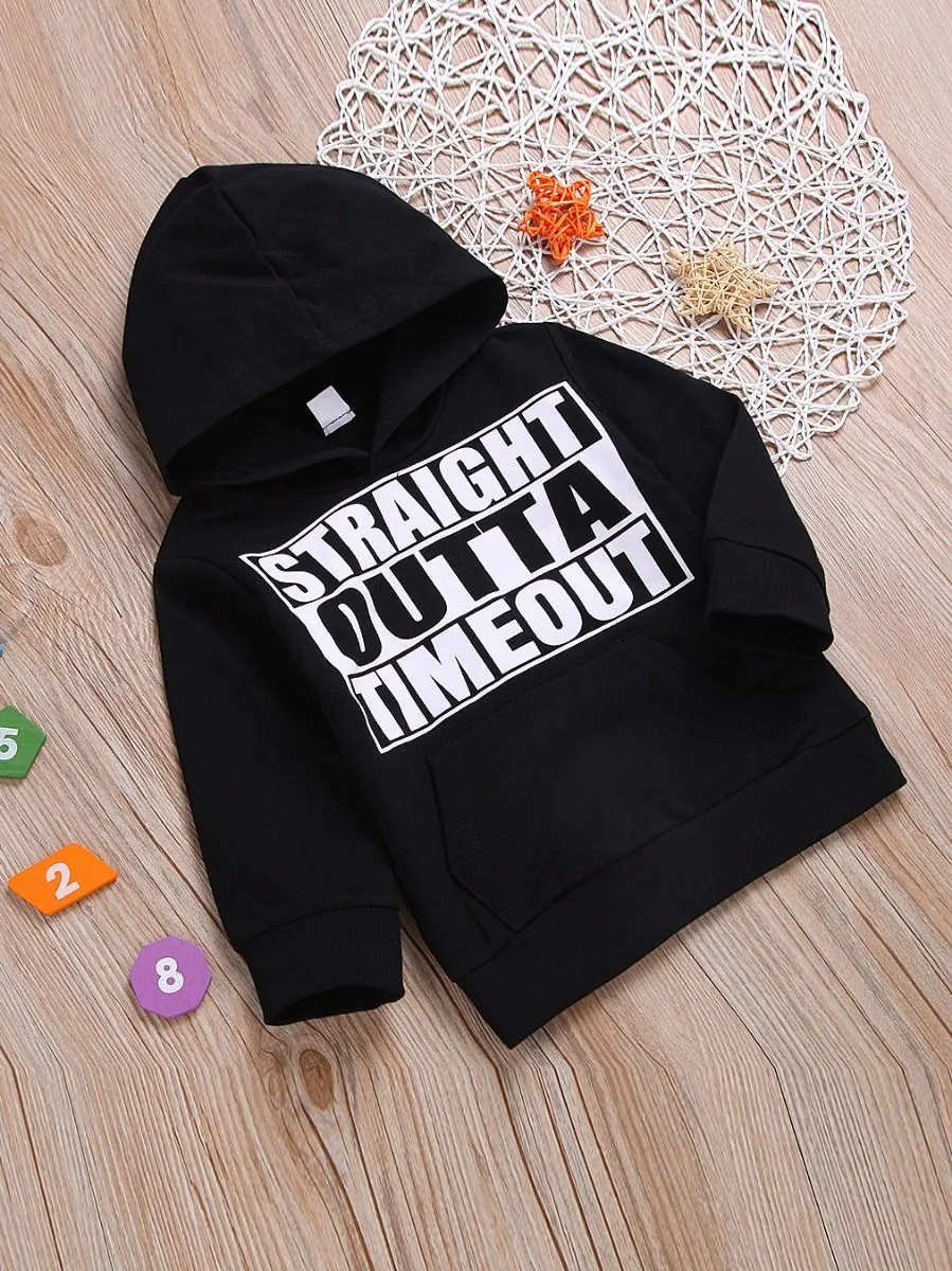 Cool STRAIGHT OUTTA TIMEOUT Letters Print Black Hoodie Sweatshirt