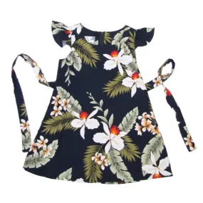 Dark Navy Orchid Print Girl's Hawaiian Dress