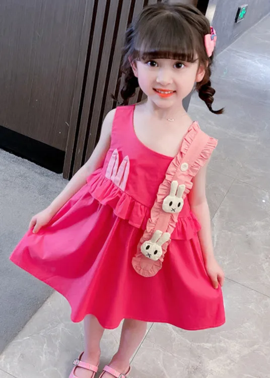 DIY Red Asymmetrical Ruffled Patchwork Little Rabbit Kids Girls Maxi Dresses Summer LY5472