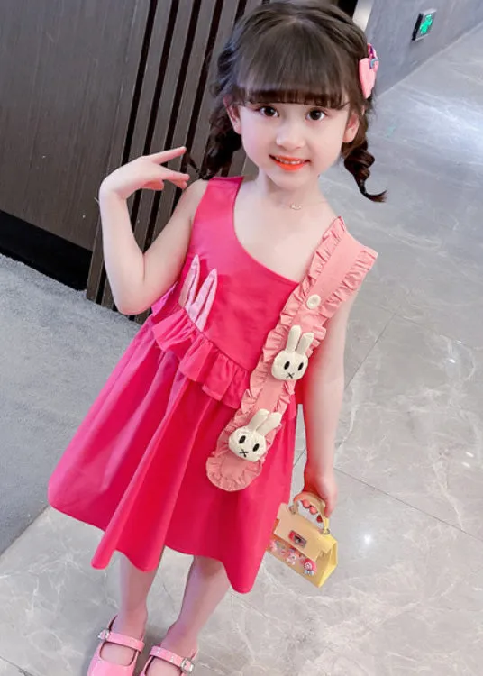 DIY Red Asymmetrical Ruffled Patchwork Little Rabbit Kids Girls Maxi Dresses Summer LY5472