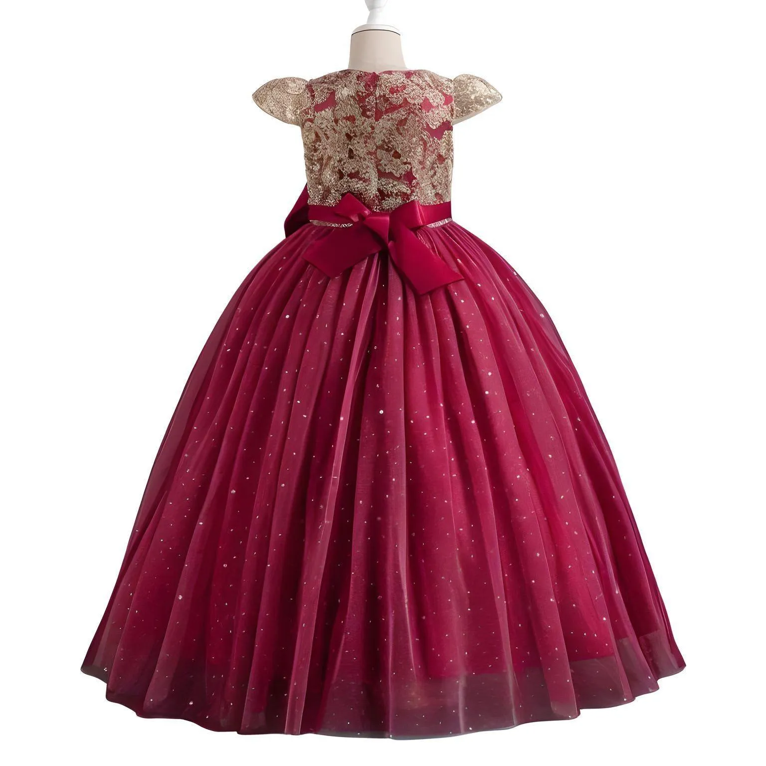 Elegant Kids Dresses for Girls Wedding Children Bow Flower Girl Long Gown Princess Birthday Party Embroidery 4-10 Y