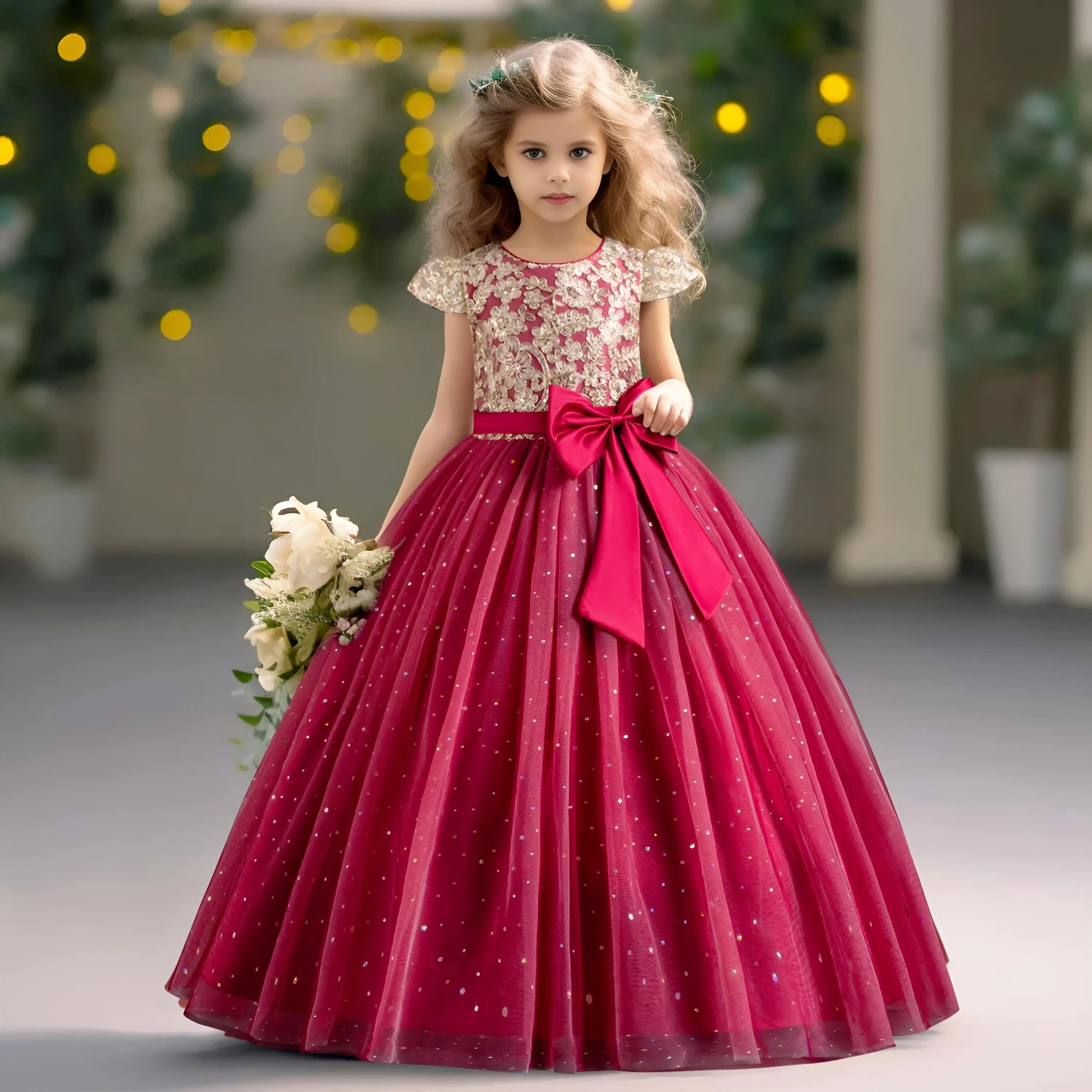 Elegant Kids Dresses for Girls Wedding Children Bow Flower Girl Long Gown Princess Birthday Party Embroidery 4-10 Y