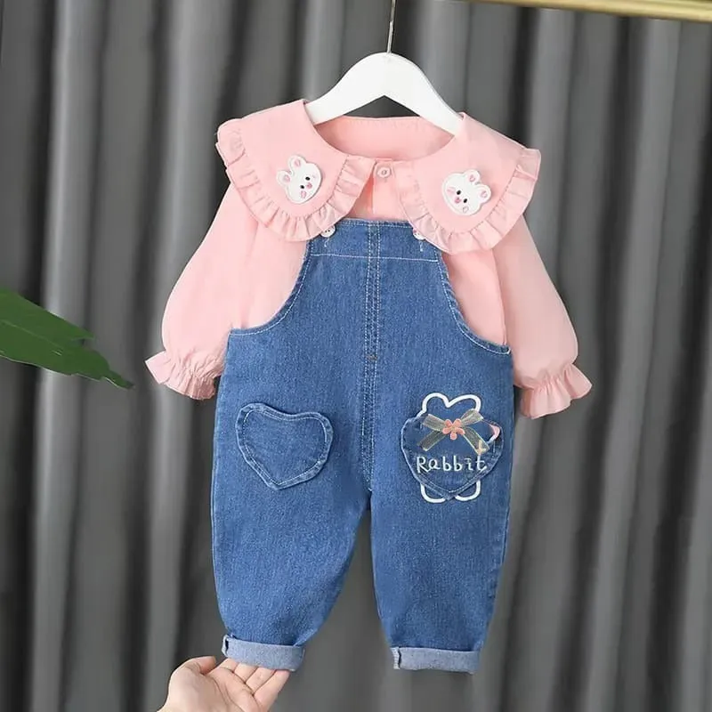 Fashion Spring Autumn Baby Girls Cute Clothing Set baby print long sleeves shirt   Denim Overalls Jeans Pants Kids Clothes Set X4727035