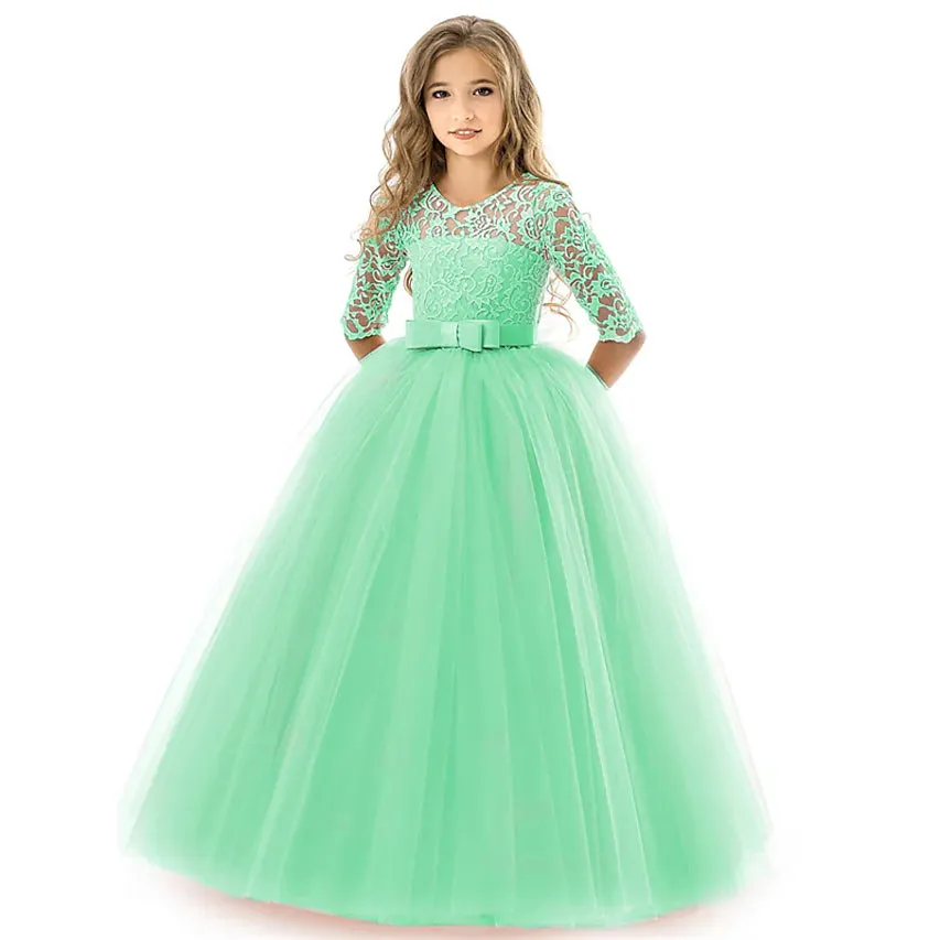 Girls' Floral Lace Solid Tulle Maxi Short Sleeve Vintage Gowns Dresses