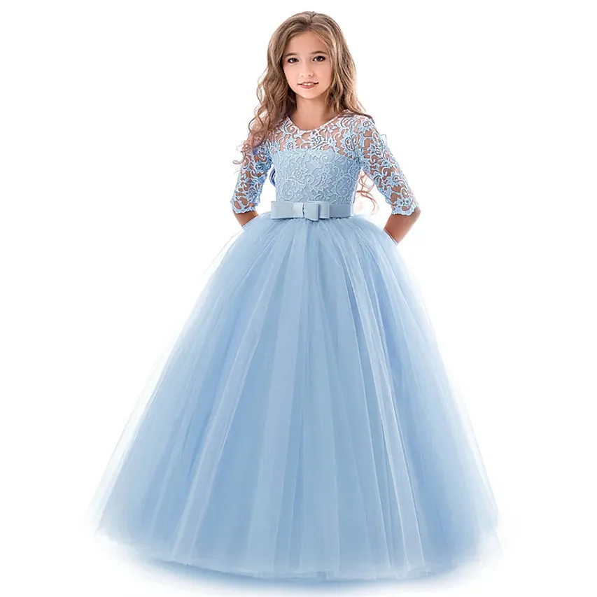 Girls' Floral Lace Solid Tulle Maxi Short Sleeve Vintage Gowns Dresses