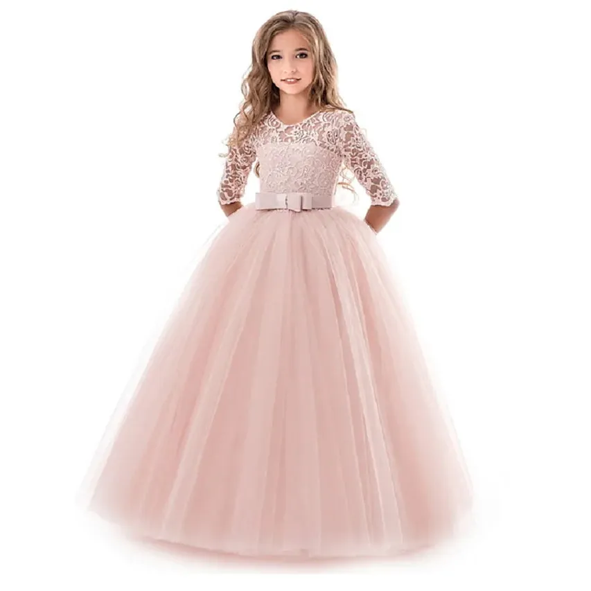 Girls' Floral Lace Solid Tulle Maxi Short Sleeve Vintage Gowns Dresses