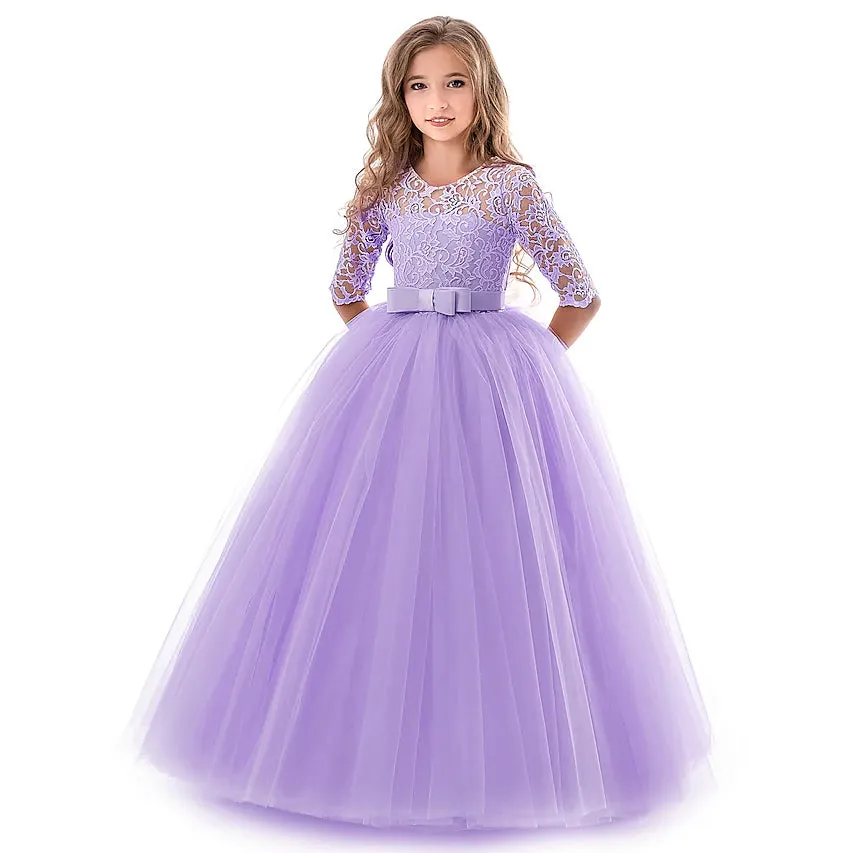 Girls' Floral Lace Solid Tulle Maxi Short Sleeve Vintage Gowns Dresses