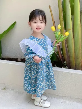 Girls Korean Fashion Ruffles Patchwork Floral Dresses 5-6 Y X6872306