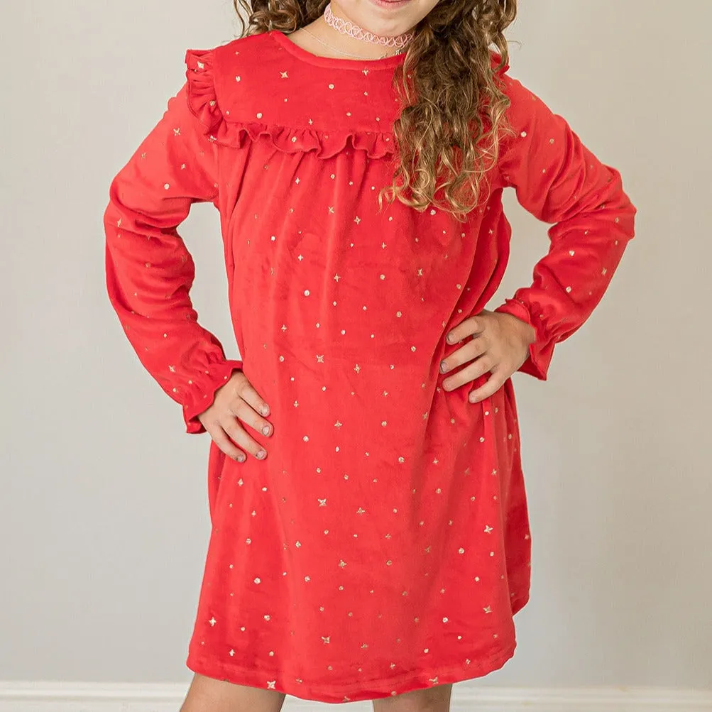 Girl's Red and Gold Stretch Velvet Ruffle Bib Shift Dress