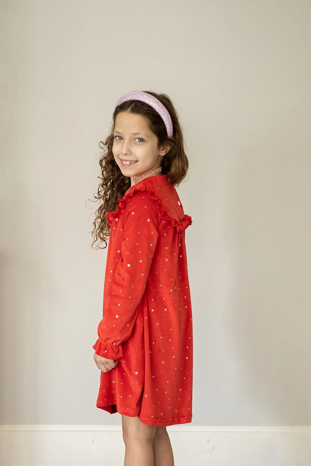 Girl's Red and Gold Stretch Velvet Ruffle Bib Shift Dress