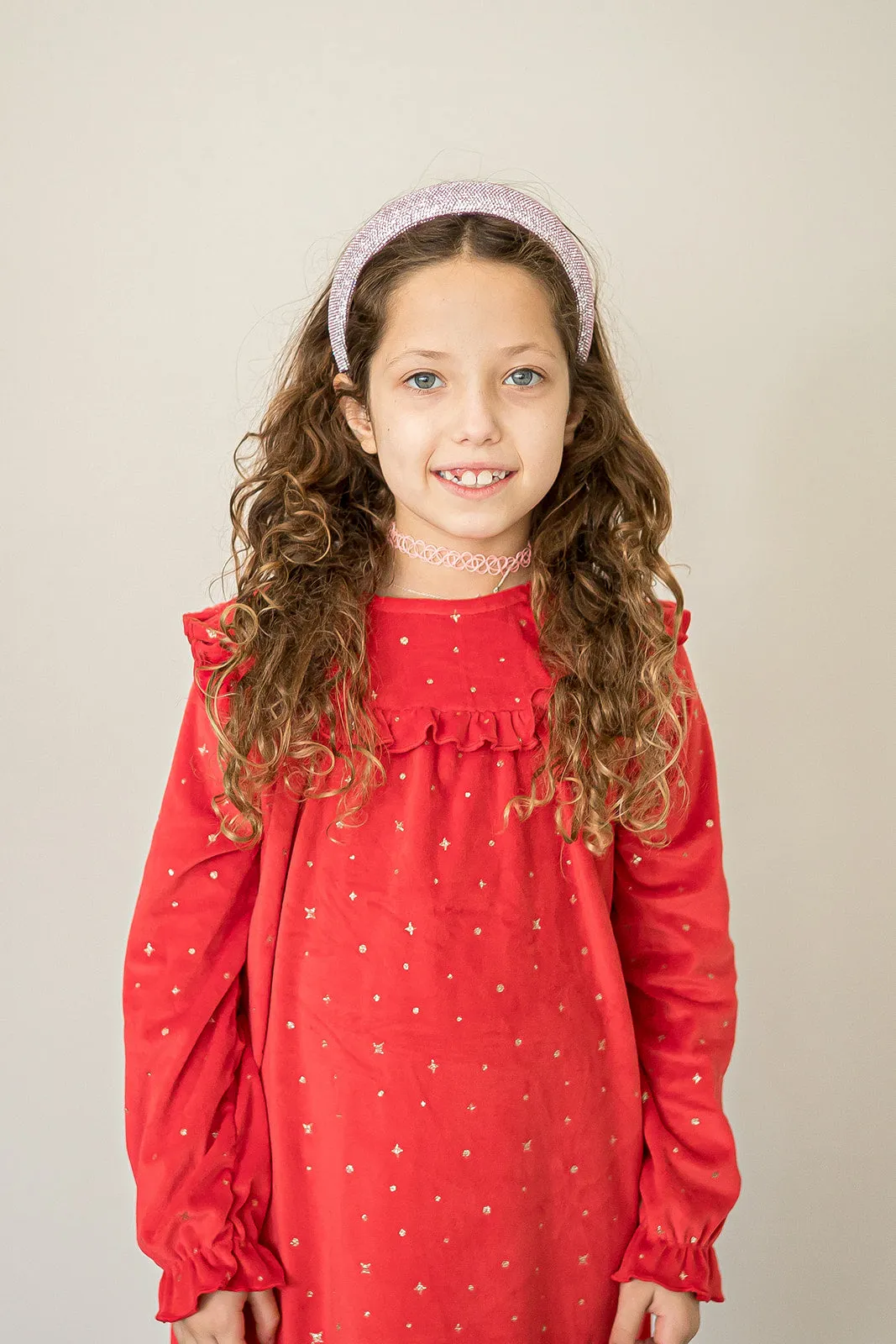 Girl's Red and Gold Stretch Velvet Ruffle Bib Shift Dress