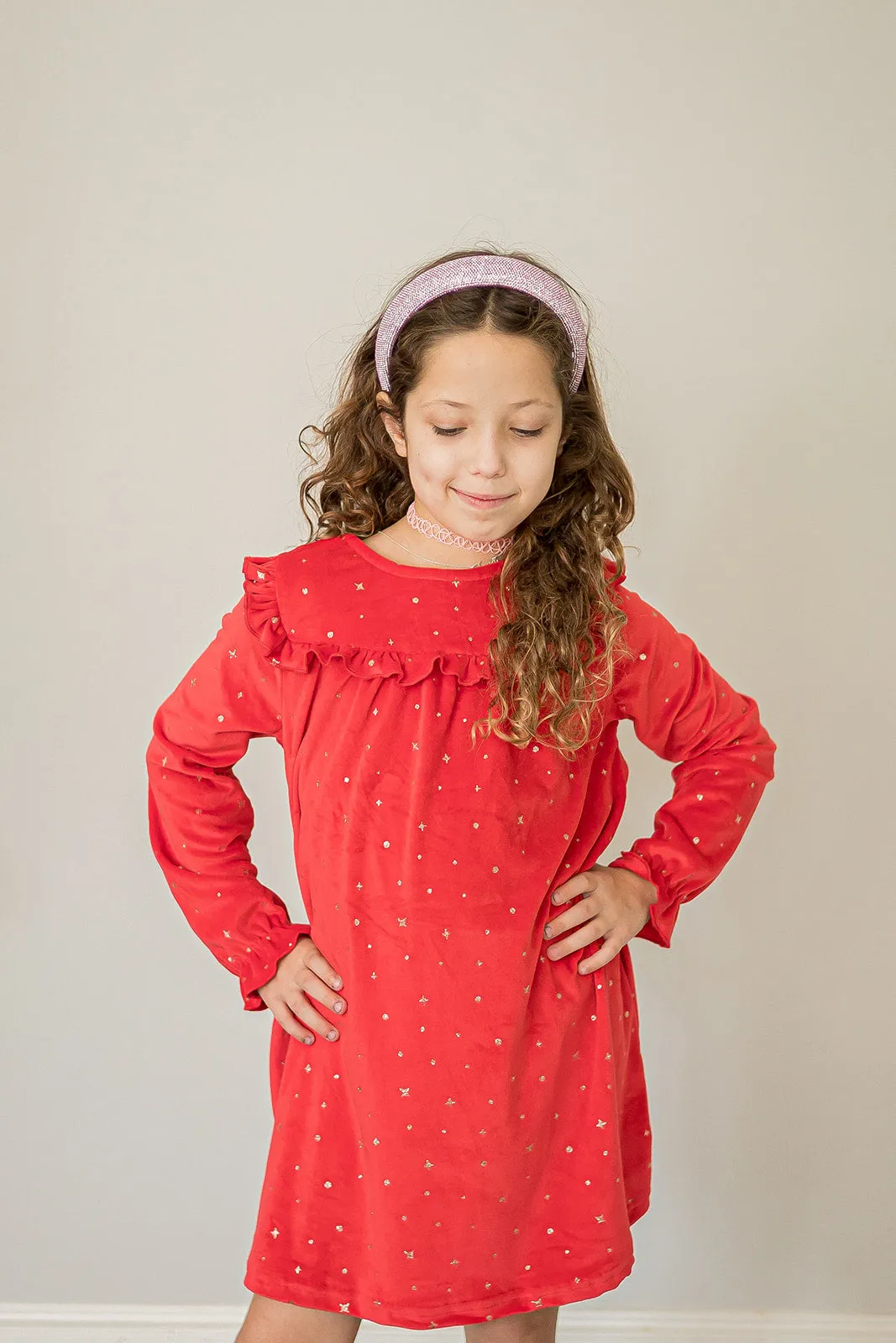 Girl's Red and Gold Stretch Velvet Ruffle Bib Shift Dress