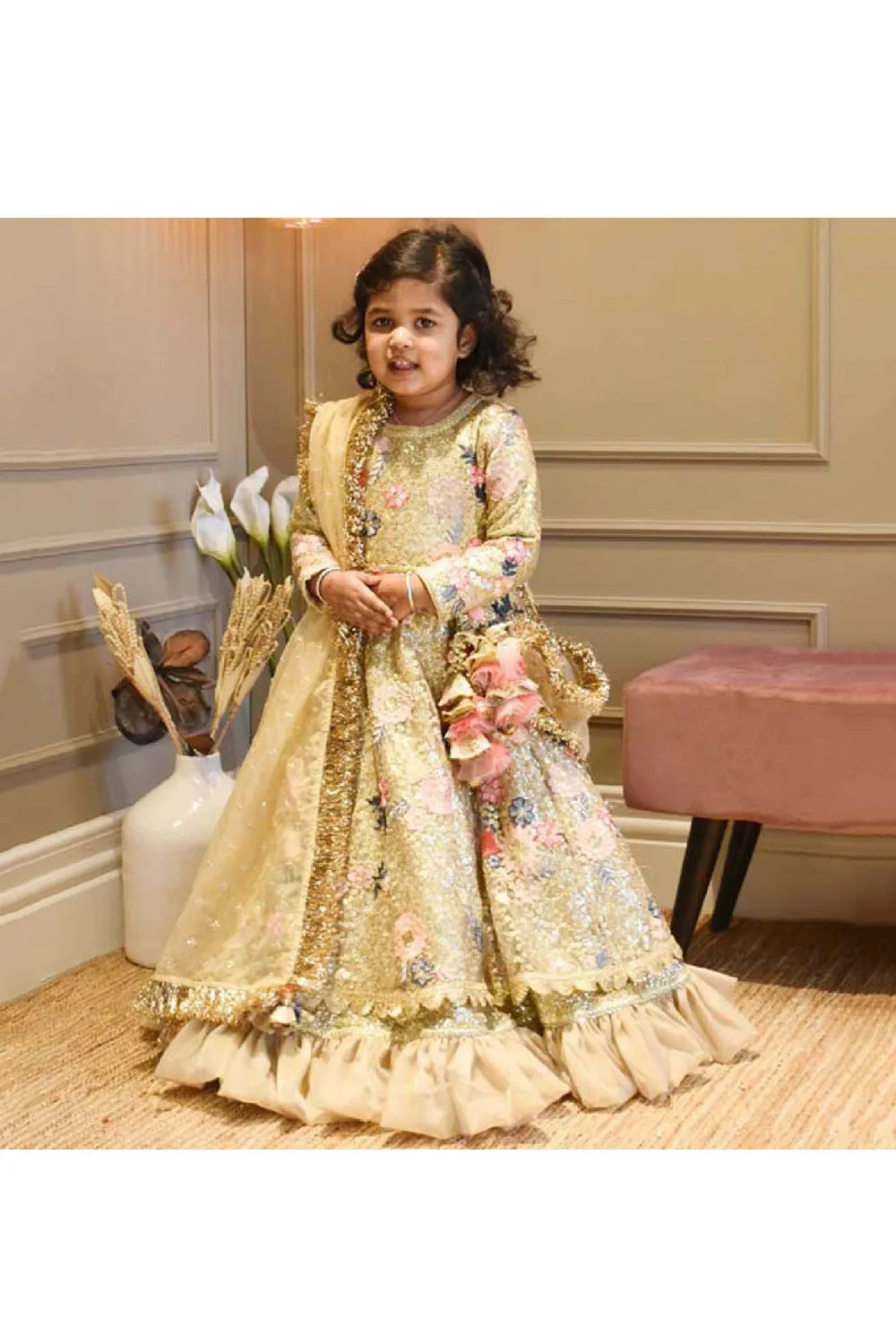 Golden Sequins And Floral Embroidered Anarkali With Dupatta Set