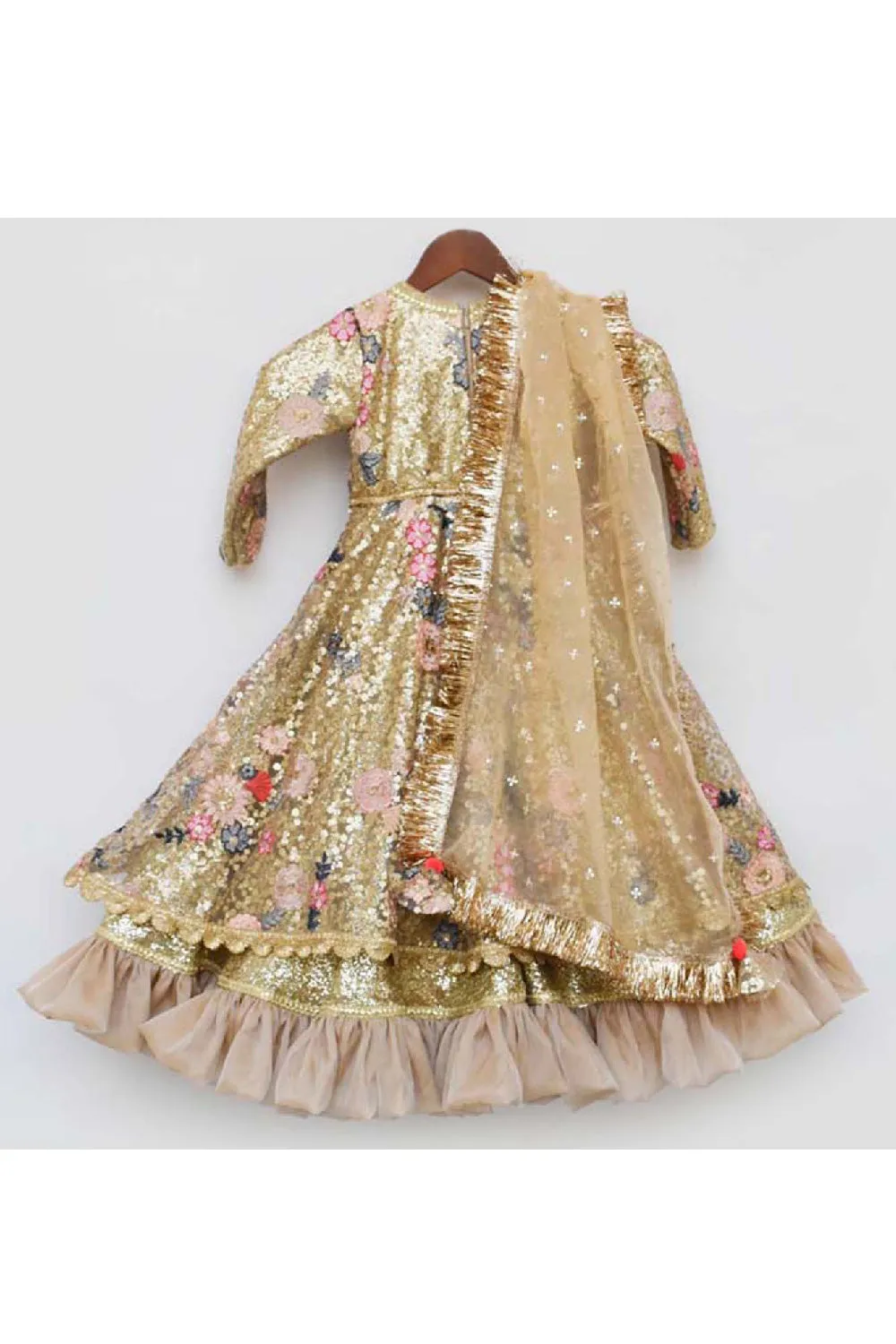 Golden Sequins And Floral Embroidered Anarkali With Dupatta Set