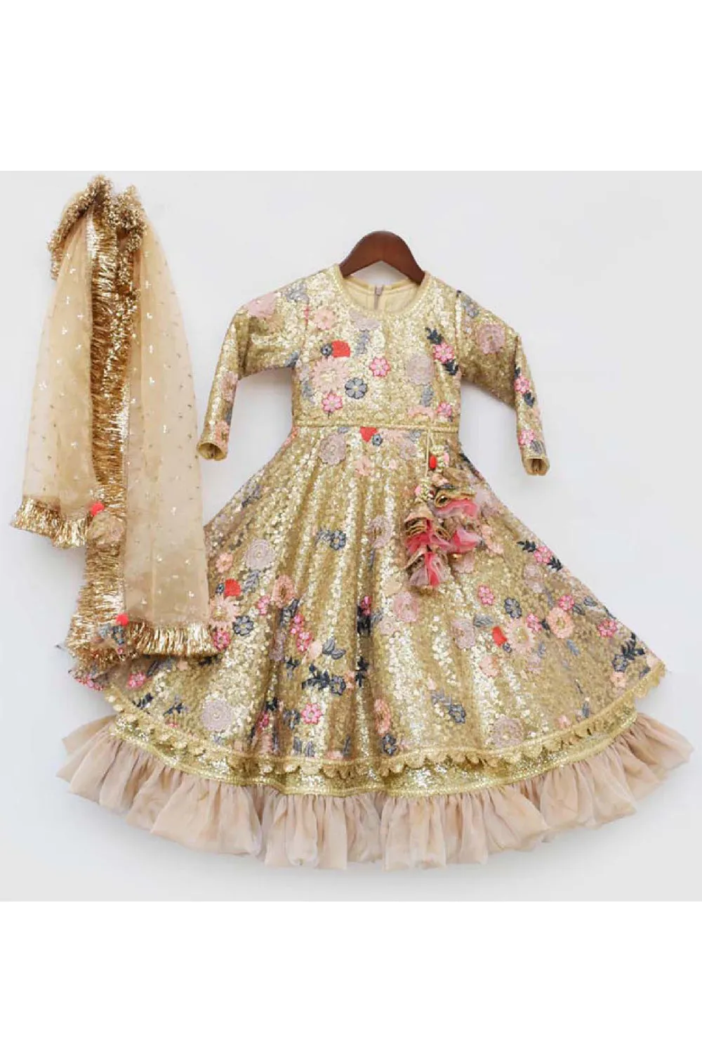 Golden Sequins And Floral Embroidered Anarkali With Dupatta Set