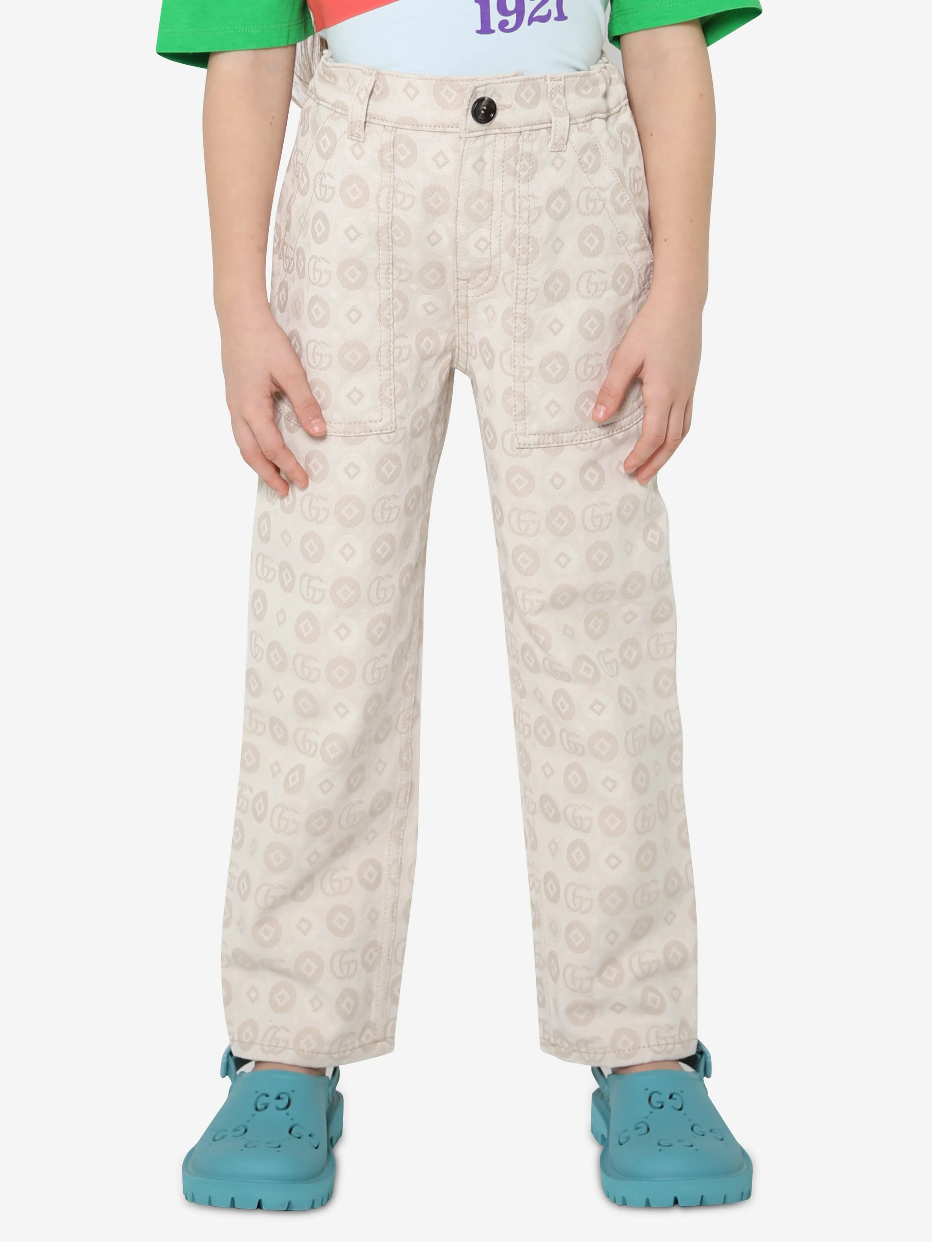 Gucci Kids Jacquard GG Denim Jeans in Ivory