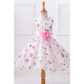 Kids Girls Flower Decorated Waist Floral Printed Sleeveless A-Line Skirt Dress - C597KMKGD