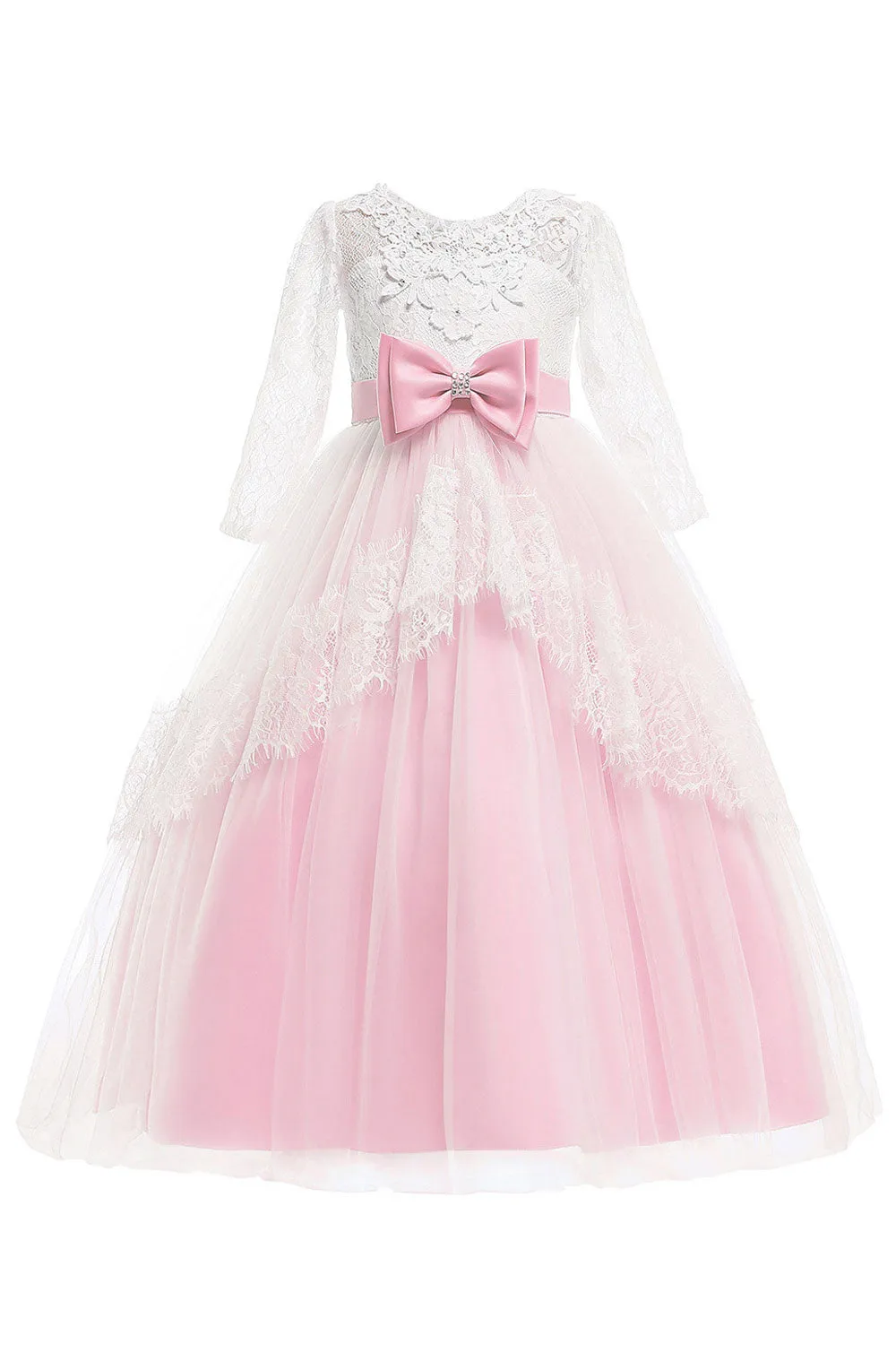 Kids Girls Outstanding Bow Knoted Waist Round Neck Floral Lace Decorated Beautiful Princess Dress - KGD114651