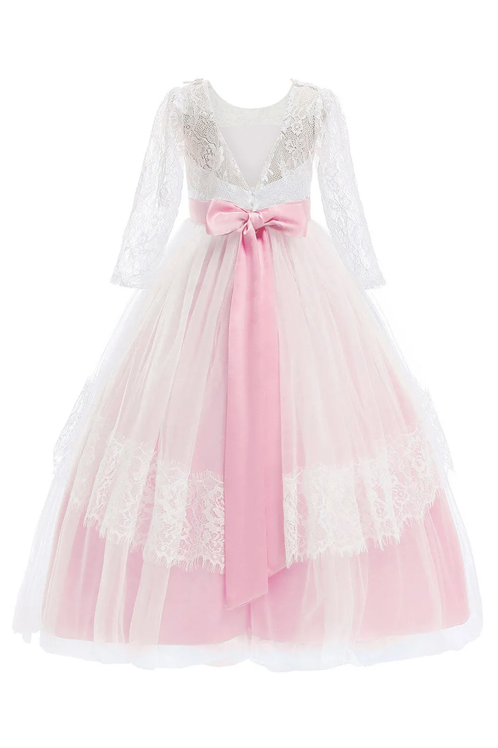 Kids Girls Outstanding Bow Knoted Waist Round Neck Floral Lace Decorated Beautiful Princess Dress - KGD114651