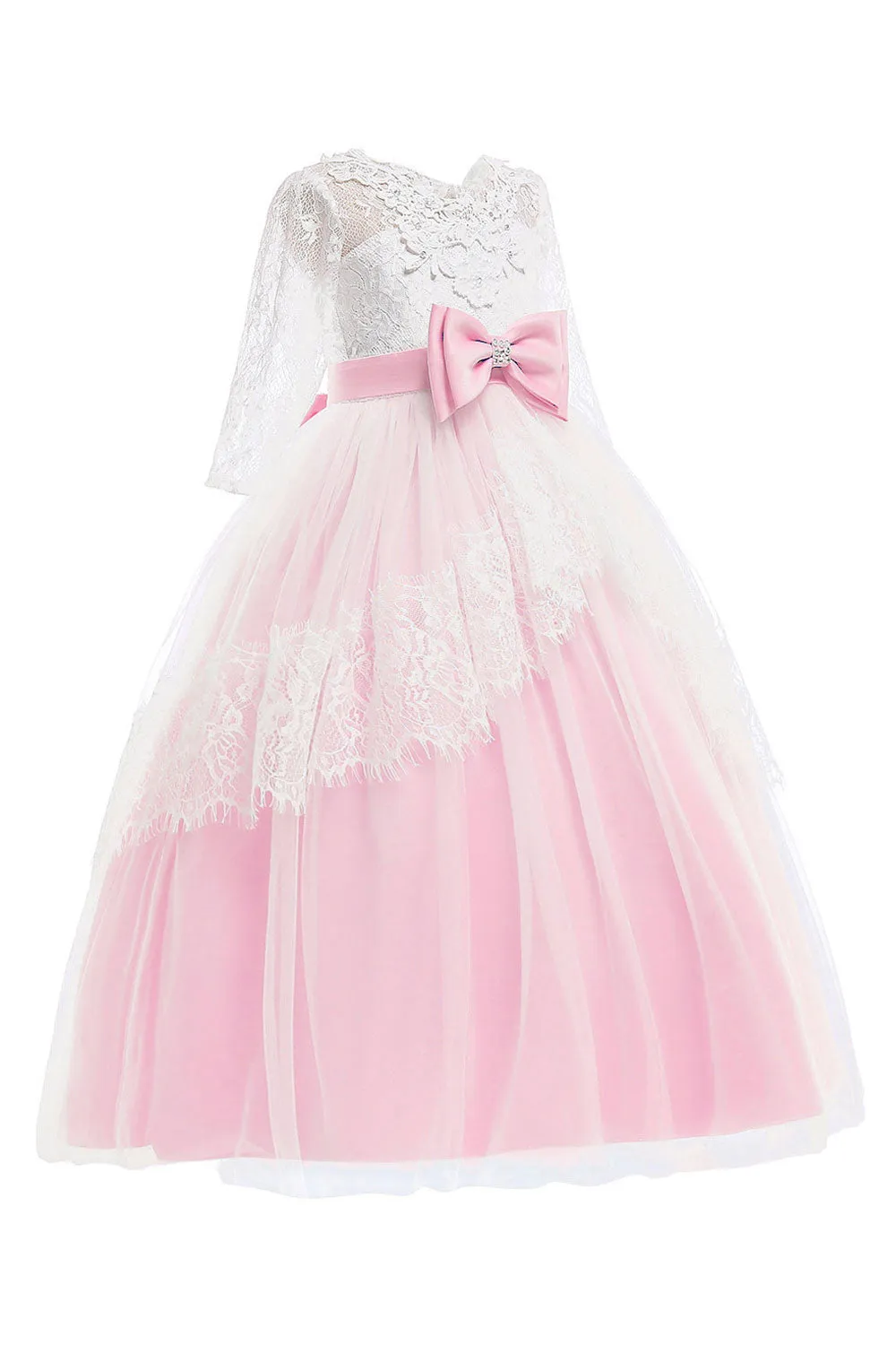 Kids Girls Outstanding Bow Knoted Waist Round Neck Floral Lace Decorated Beautiful Princess Dress - KGD114651