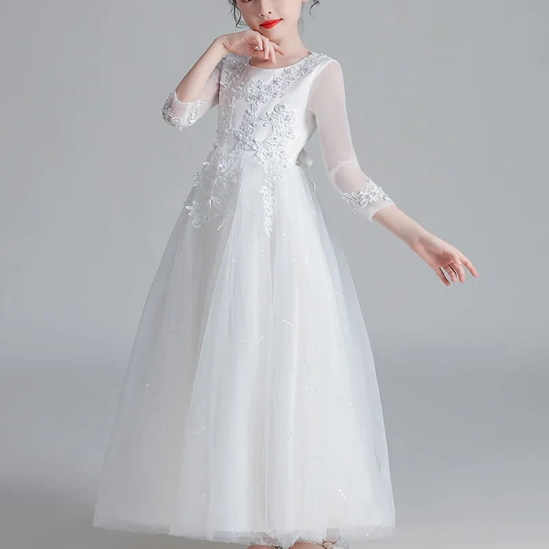 Kids Girls Wedding Party Frock Flower Gown Princess Evening Summer Mesh Sleeve Dress - KGD8371