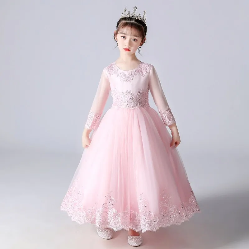 Kids Girls Wedding Party Frock Flower Gown Princess Evening Summer Mesh Sleeve Dress - KGD8371