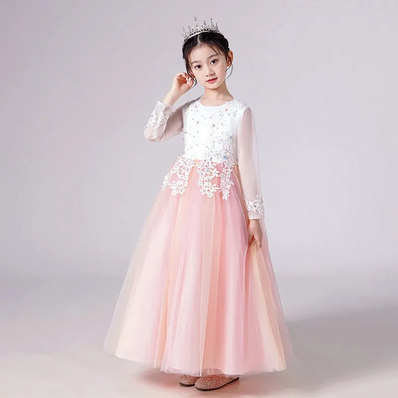 Kids Girls Wedding Party Frock Flower Gown Princess Evening Summer Mesh Sleeve Dress - KGD8371