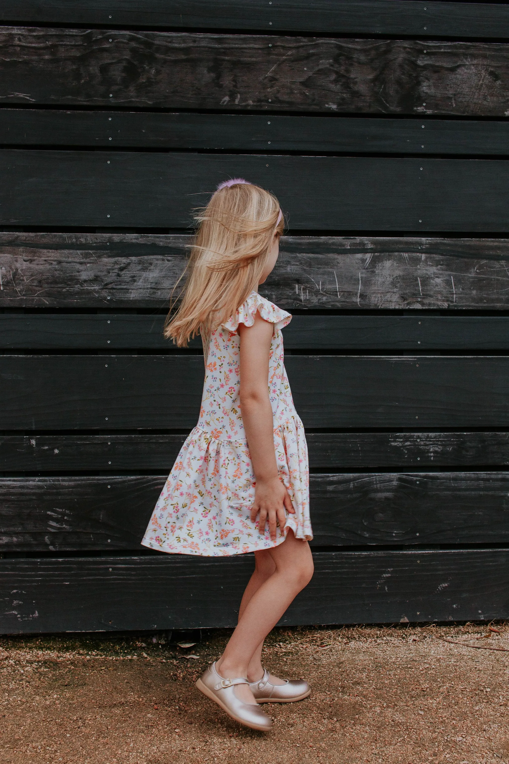 Little Girl's Ivory Floral Jersey Three Pocket Dress