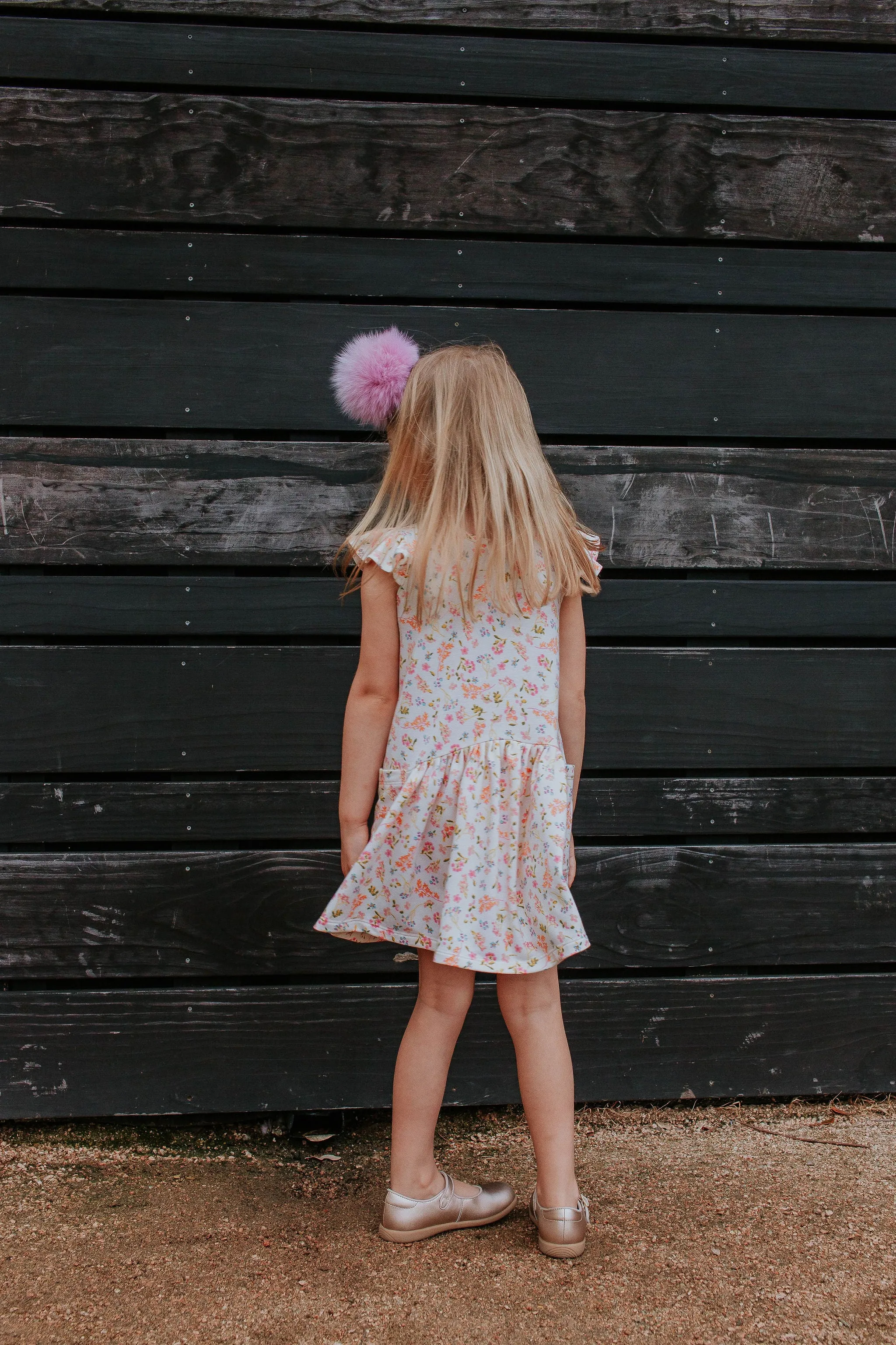 Little Girl's Ivory Floral Jersey Three Pocket Dress