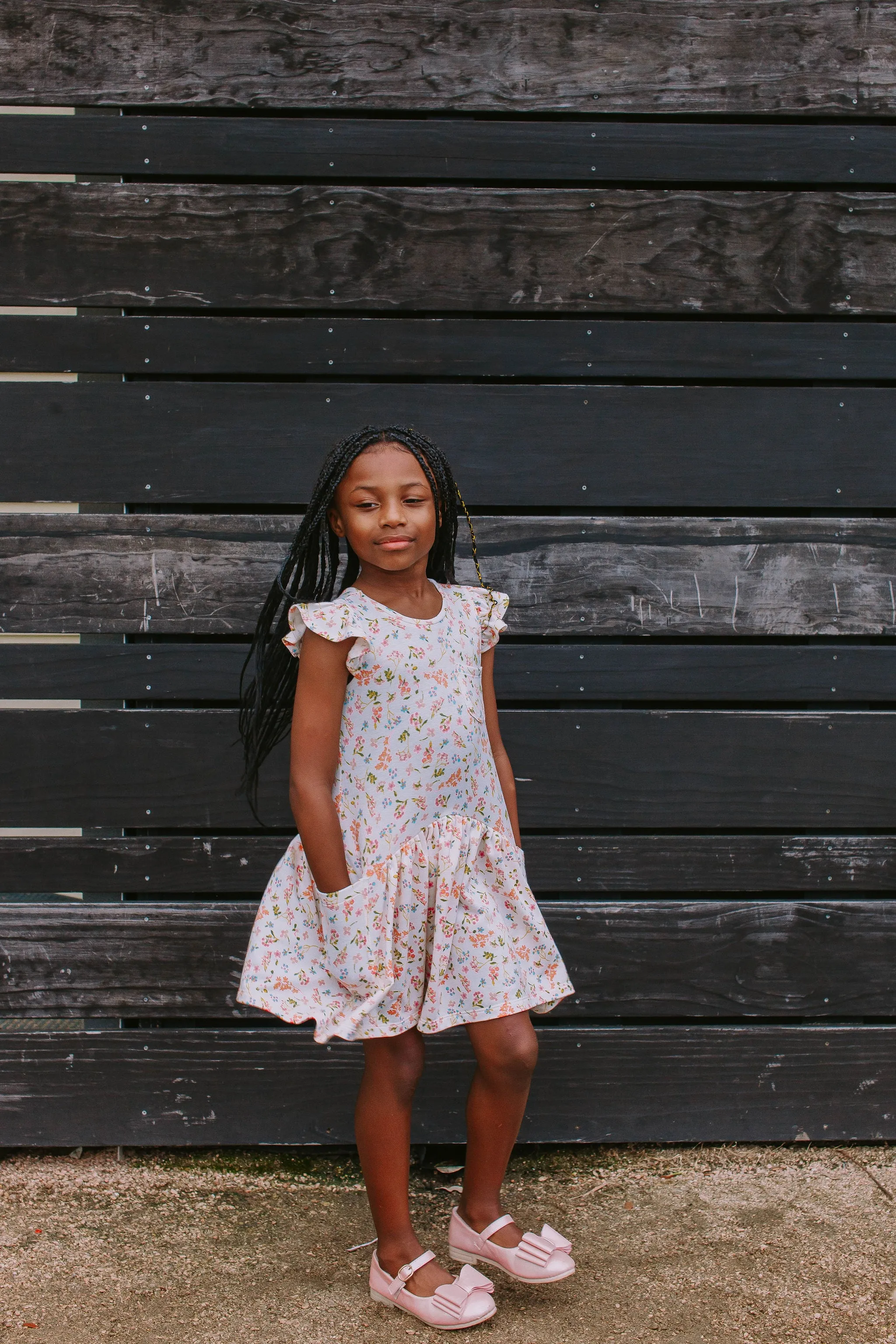 Little Girl's Ivory Floral Jersey Three Pocket Dress