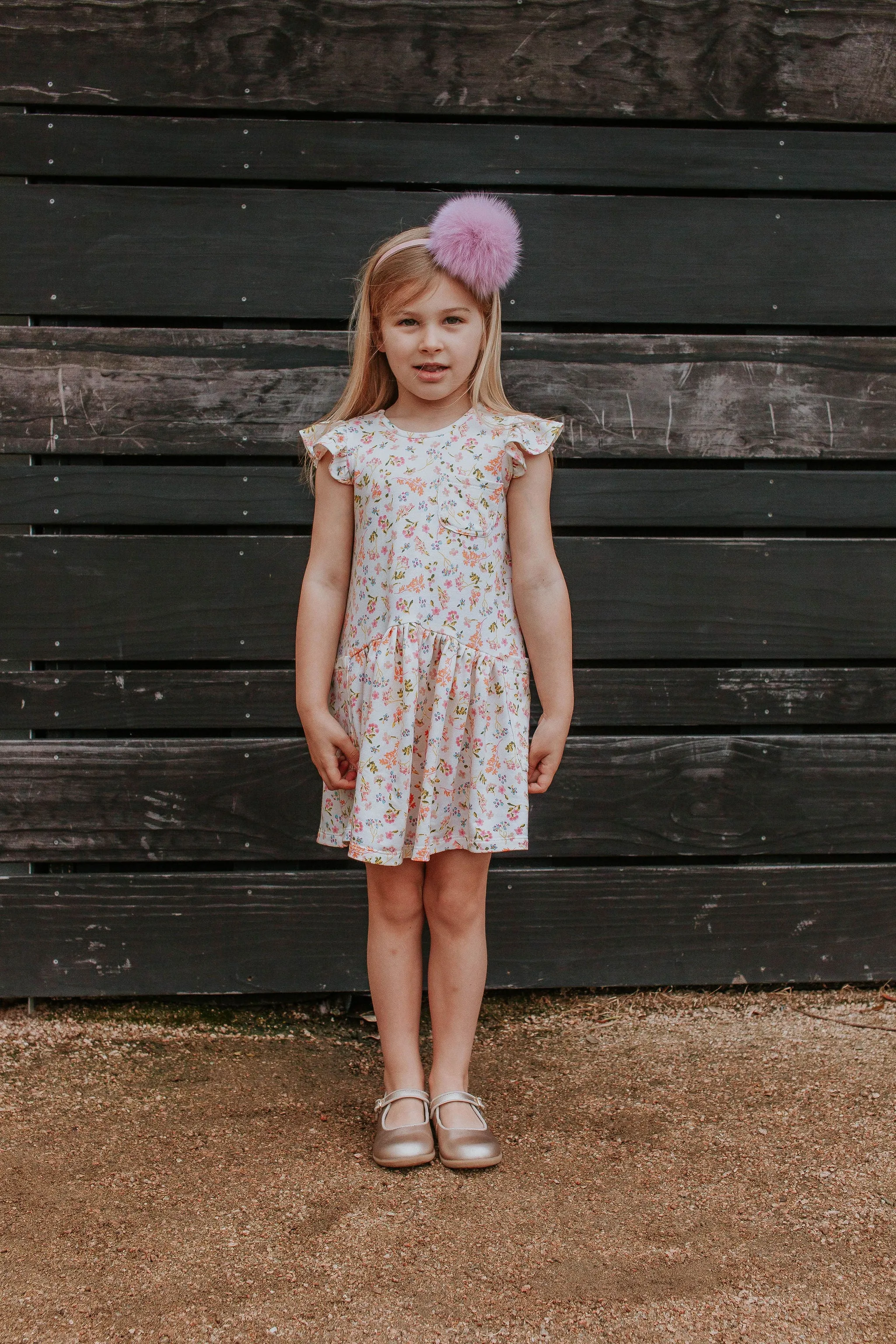 Little Girl's Ivory Floral Jersey Three Pocket Dress