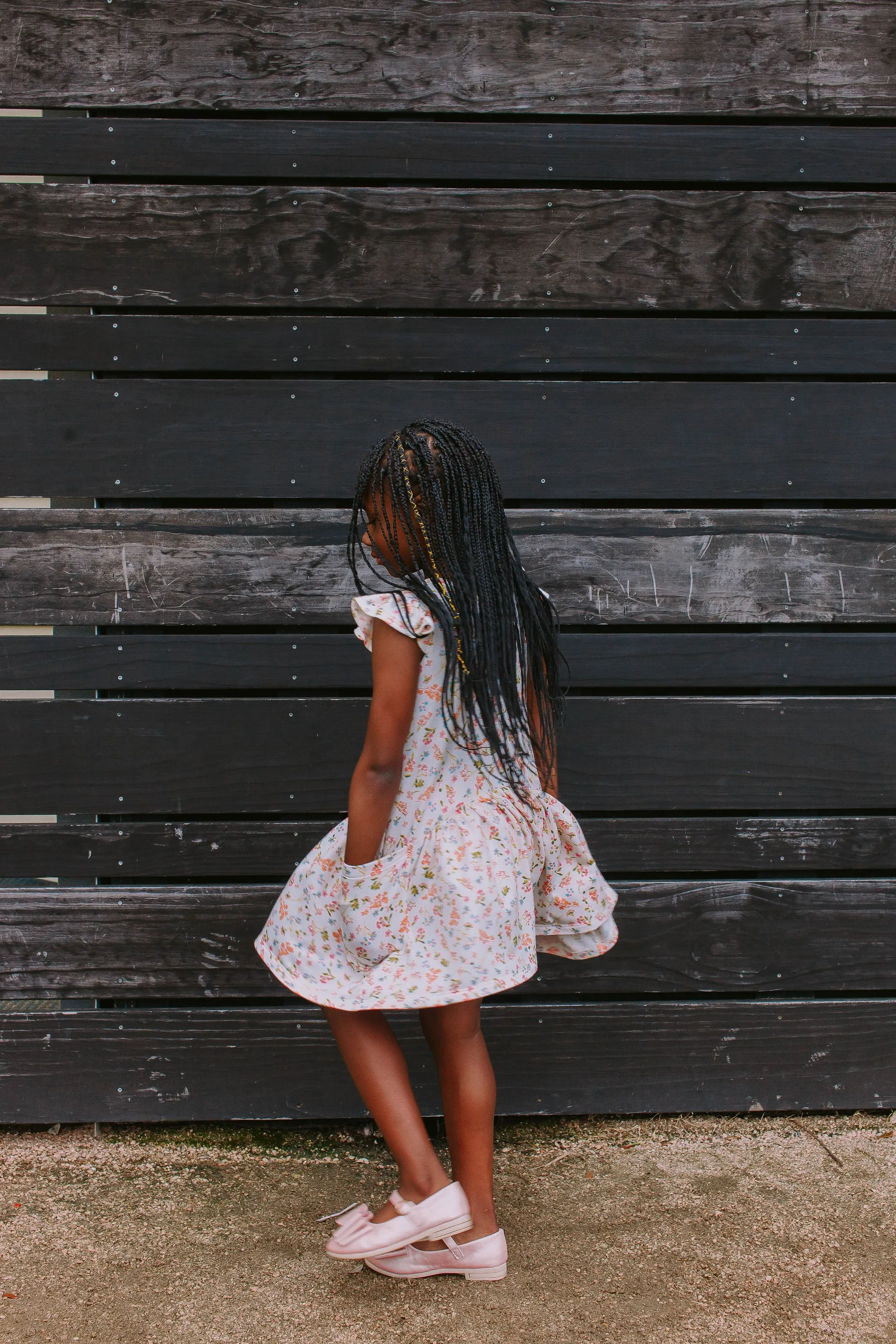 Little Girl's Ivory Floral Jersey Three Pocket Dress