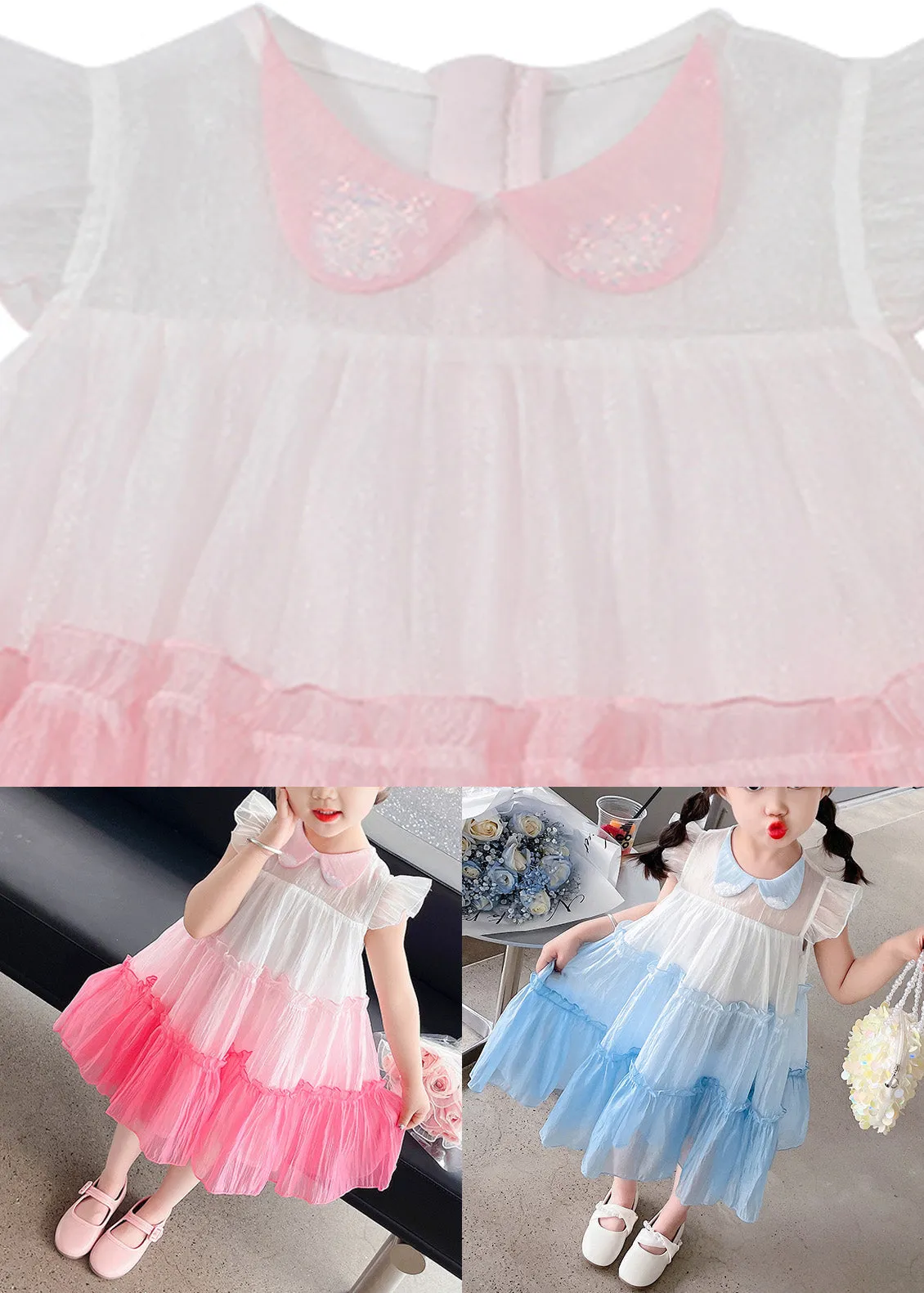 Lovely Pink Ruffled Patchwork Tulle Kids Layered Maxi Dresses Sleeveless LY6426