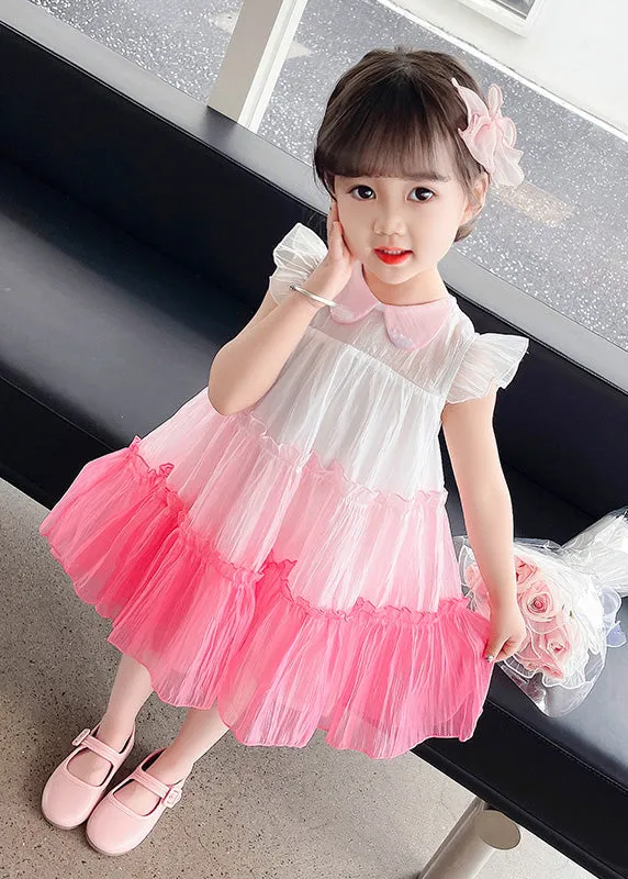 Lovely Pink Ruffled Patchwork Tulle Kids Layered Maxi Dresses Sleeveless LY6426