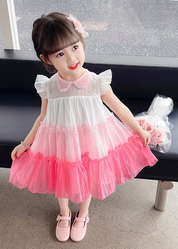 Lovely Pink Ruffled Patchwork Tulle Kids Layered Maxi Dresses Sleeveless LY6426