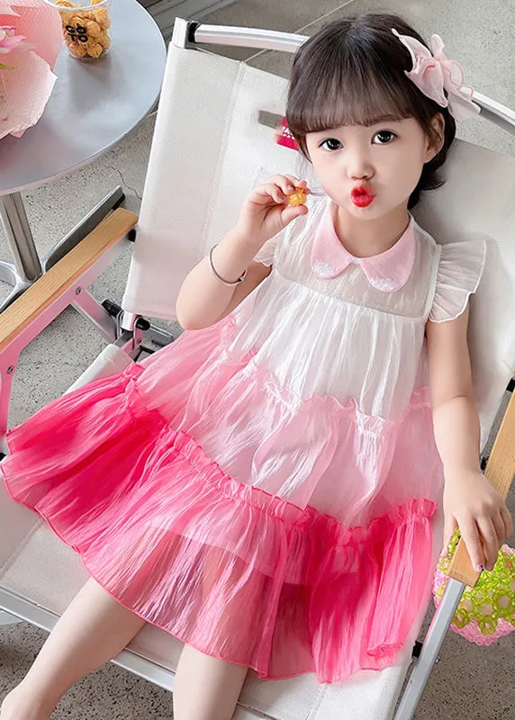 Lovely Pink Ruffled Patchwork Tulle Kids Layered Maxi Dresses Sleeveless LY6426