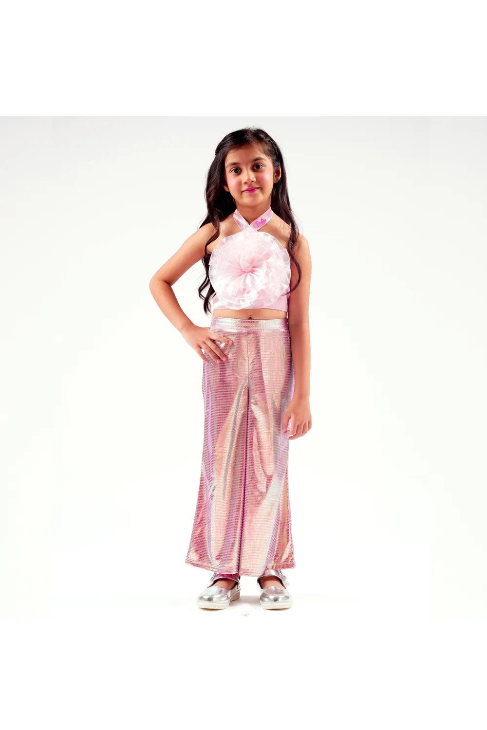 Pink Organza Floral Embellished Satin Top With Pants Set