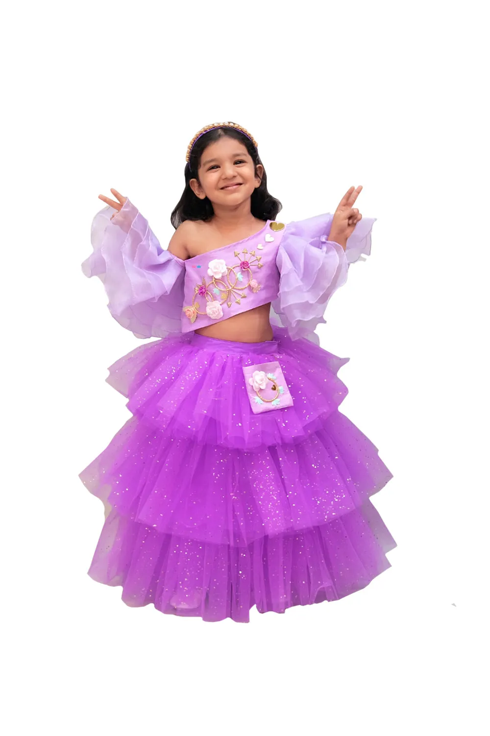 Purple layered lehenga with crop choli