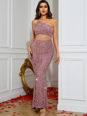 Sequin One-Shoulder Cutout Maxi Dress