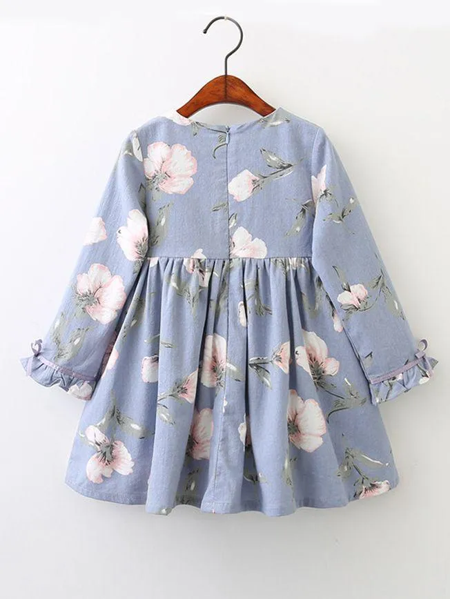 Spring Autumn Floral Shift Dress with Ruffle-cuff for Little Big Girl