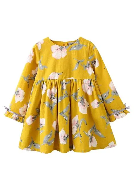 Spring Autumn Floral Shift Dress with Ruffle-cuff for Little Big Girl