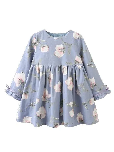 Spring Autumn Floral Shift Dress with Ruffle-cuff for Little Big Girl