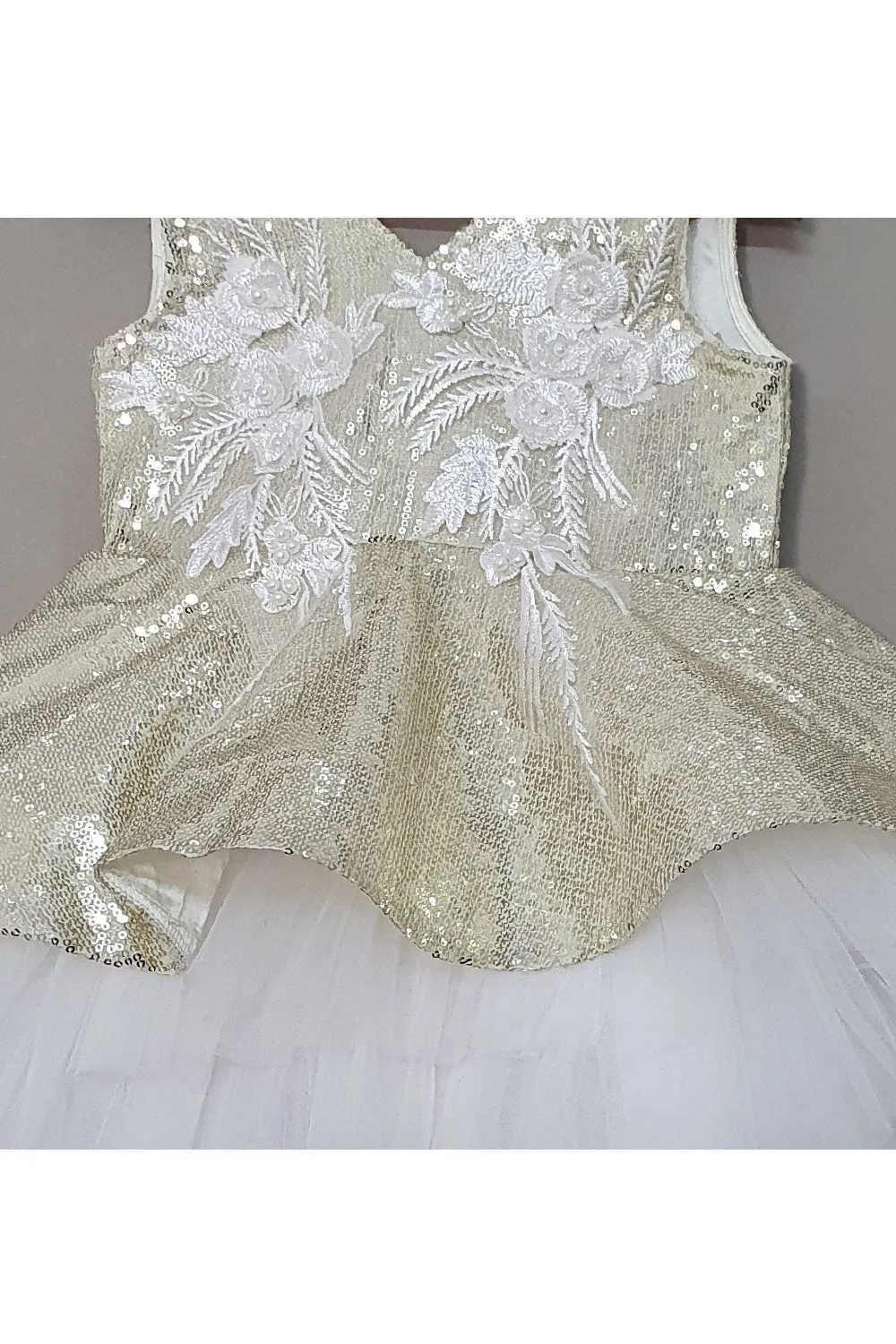 White And Golden Sequins Floral Embroidered Net Dress