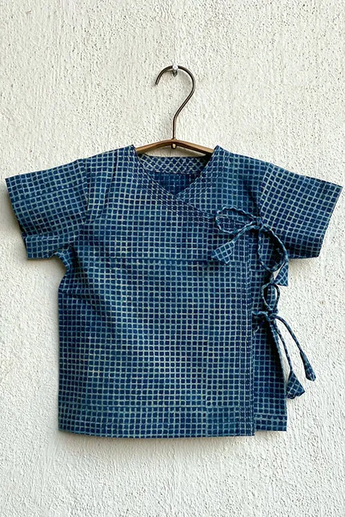 Whitewater Kids Unisex Organic Indigo Check Angrakha Top With Matching Pants