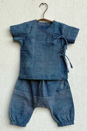 Whitewater Kids Unisex Organic Indigo Check Angrakha Top With Matching Pants