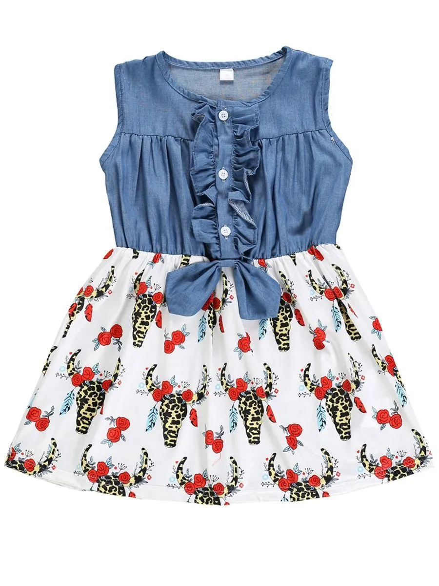 Wholesale Toddler Little Girl Cow Flower Print Patchwork Sleeveless Dress